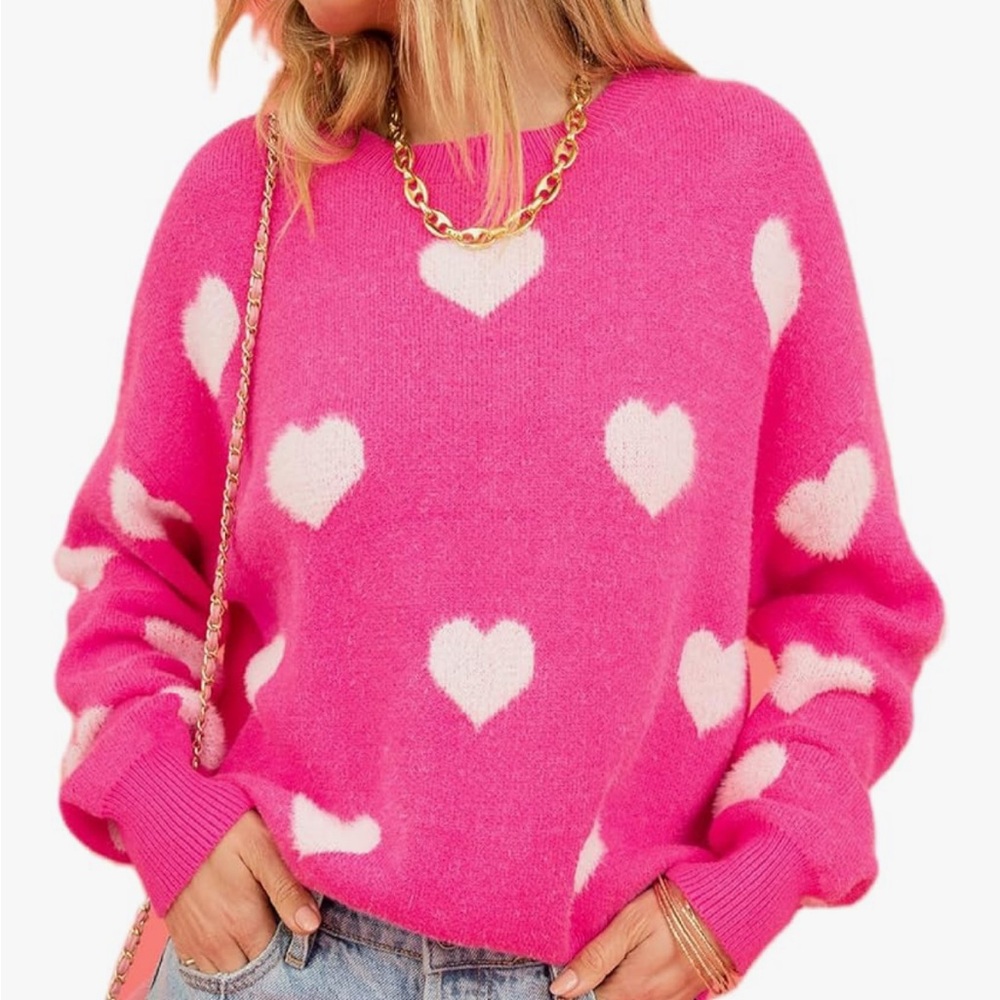 Amazon Pink and White Crew Neck Sweater with Heart Pattern